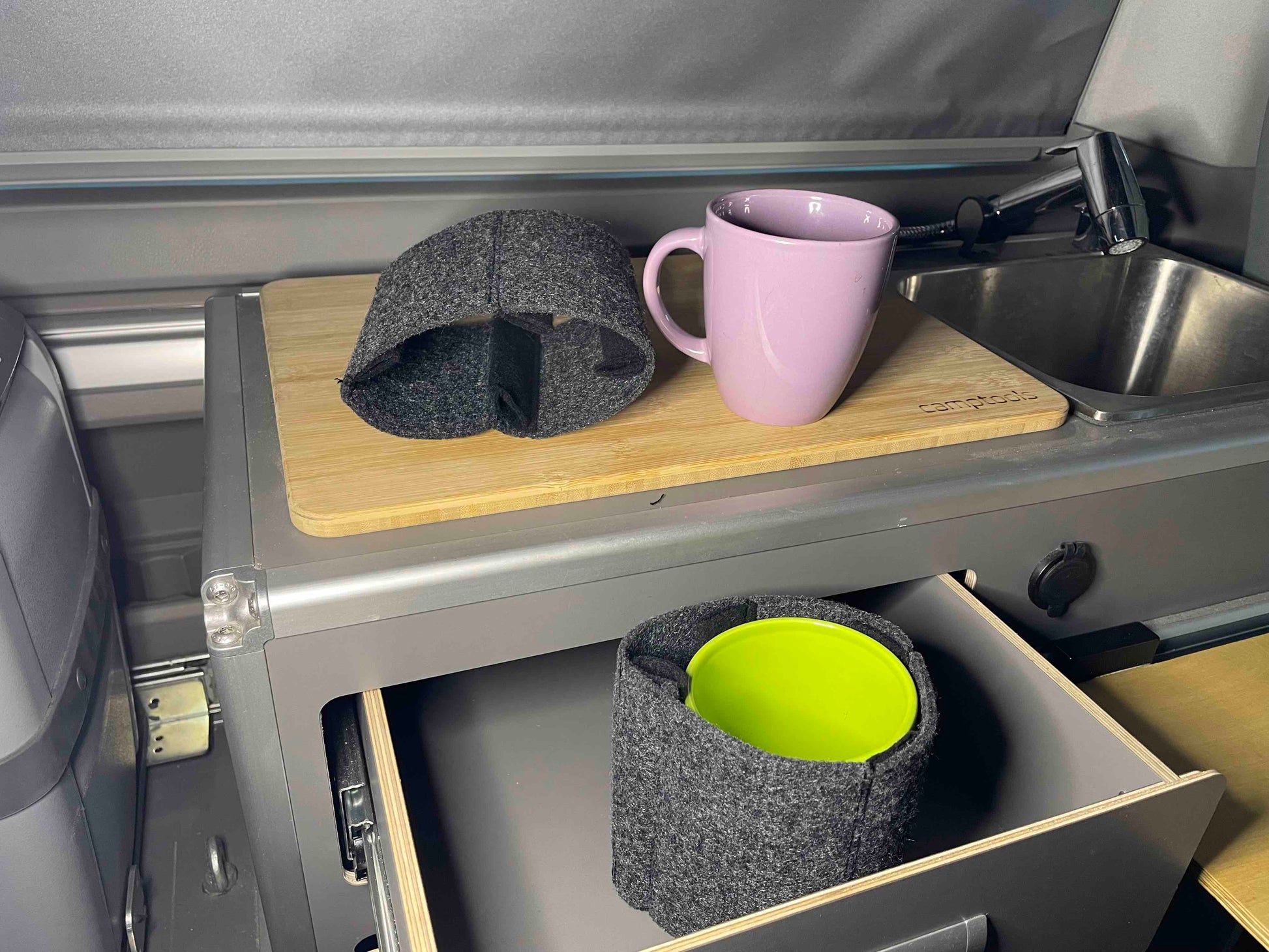 Gläser im Camper, Klapperschutz, Geräuschhemmung, Flaschentransport, Klappergeräusche im Camper, ohne Magnete
