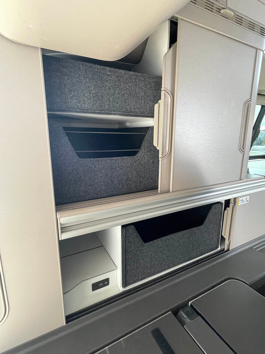 Stauraumboxen fuer VW California, Schrankboxen fuer VW California, Filzboxen fuer Camper, Schrankboxen aus Filz, Stauraum im Camper, Schrankboxen fuer VW T7 Ocean, Stauraumboxen fuer VW T7 Ocean, Schrankboxen fuer T7, Stauraum im T7, Stauraumerweiterung fuer T7, Schrankboxen T7