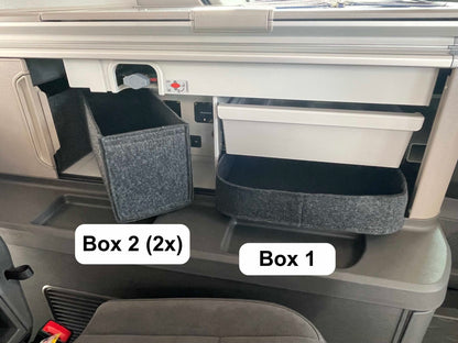 Stauraumboxen fuer VW California, Schrankboxen fuer VW California, Filzboxen fuer Camper, Schrankboxen aus Filz, Stauraum im Camper, Schrankboxen fuer VW T7 Ocean, Stauraumboxen fuer VW T7 Ocean, Schrankboxen fuer T7, Stauraum im T7, Stauraumerweiterung fuer T7, Schrankboxen T7